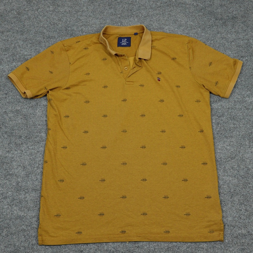 Louis Philippe Shirt Mens Large Yellow Micro Print Short Sleeve Polo Sportswear